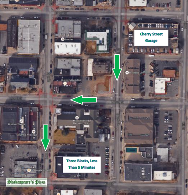 Zoomed out street view pointing down from the garage, then turn right, then left. Three blocks, less than 5 minutes.
