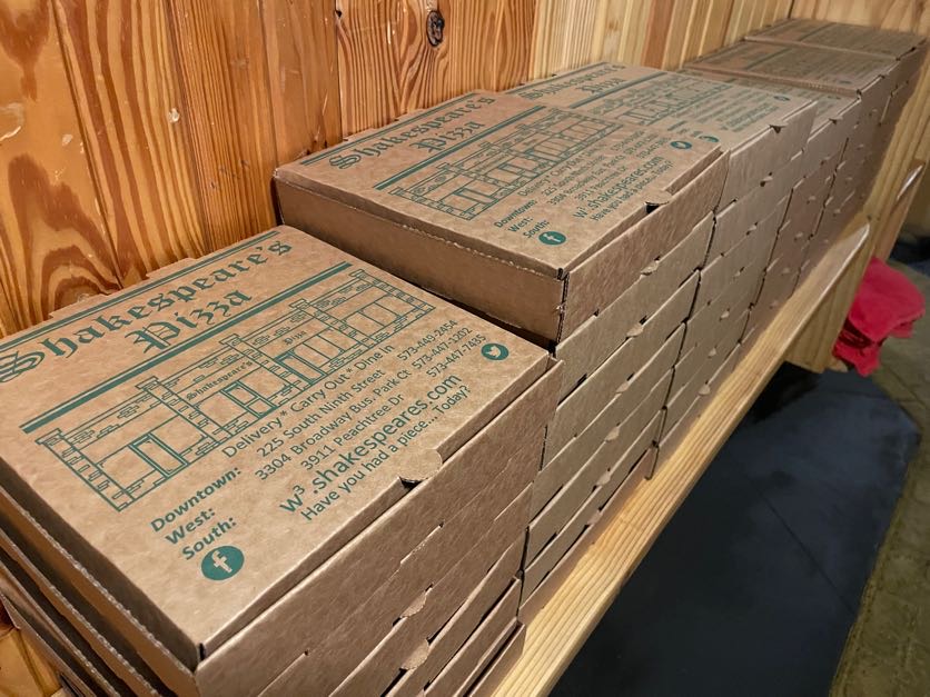 Shakespeare's Pizza delivery boxes