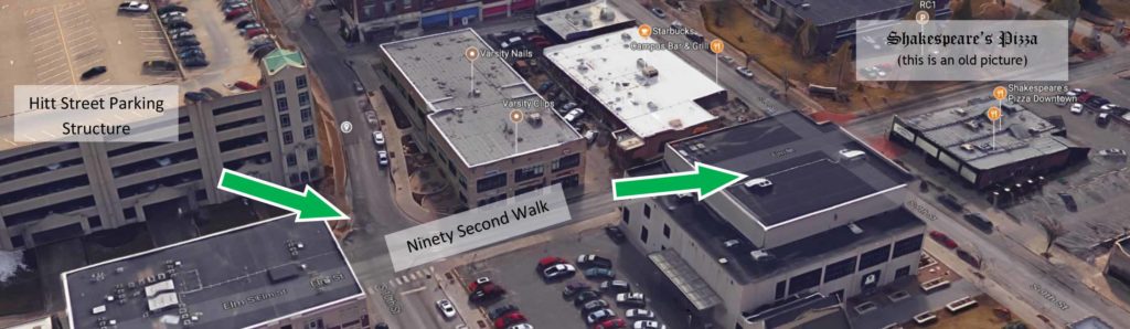 Zoomed out street view pointing out the parking structure and the direction to walk. Ninety second walk.