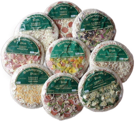 Group of frozen pizzas in clear wrap with our sticker.
